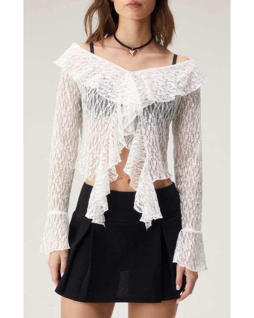 Nasty Gal Natural Sheer Lace Ruffle Off The Shoulder Crop Top