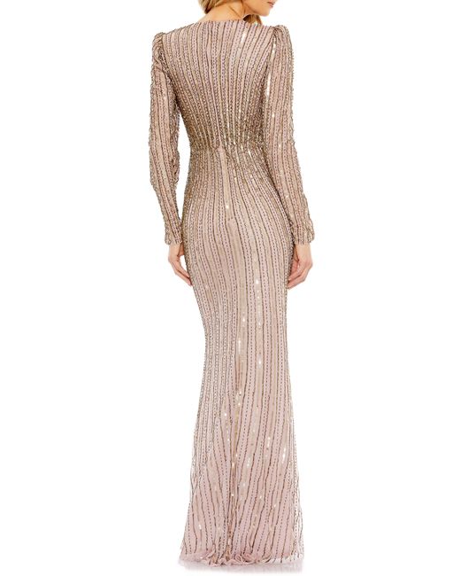 Mac Duggal Natural Sequin Stripe Long Sleeve Sheath Gown