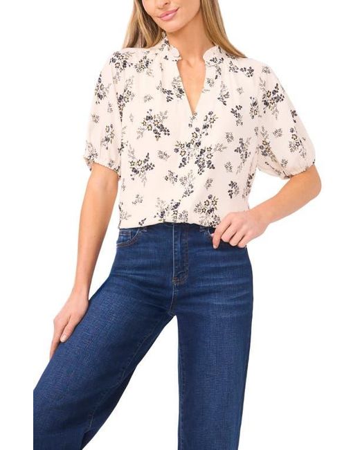 Cece Blue Floral Ruffle V-Neck Georgette Top