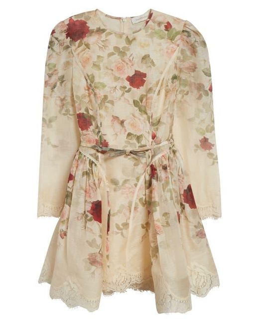 Zimmermann Natural Hypnotic Lace Trim Long Sleeve Belted Linen & Silk Minidress