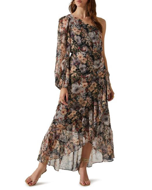 Astr Brown Calista Floral One-shoulder High-low Maxi Dress