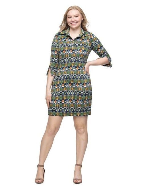 24seven Comfort Apparel Green Geometric Print Three Quarter Sleeve Mini Dress