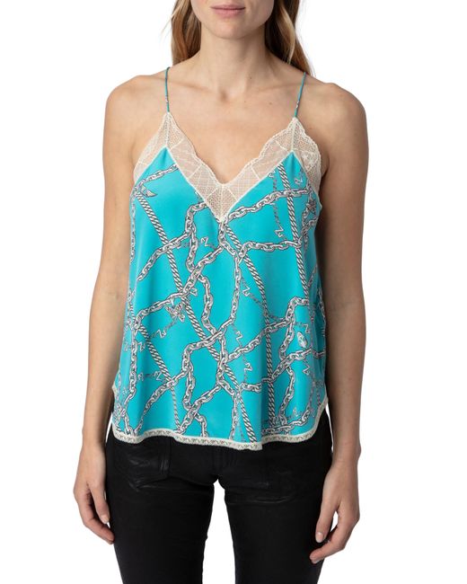 Zadig & Voltaire Blue Christy Chaines Lace Trimmed Silk Camisole