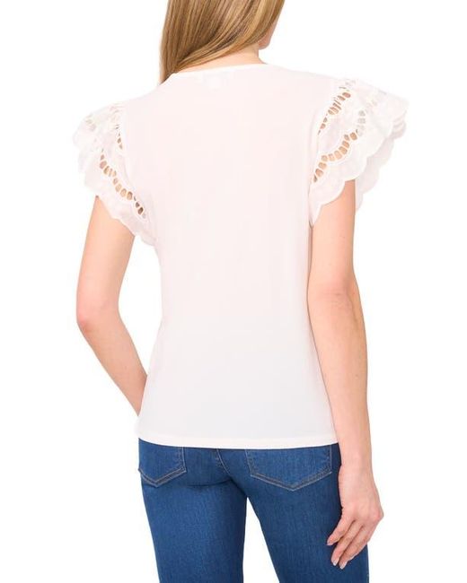 Cece Blue Embroidered Flutter Sleeve Mixed Media Top