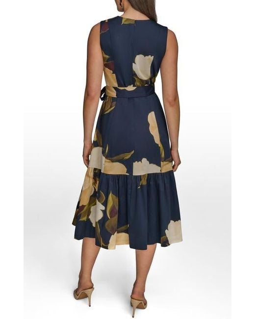 Donna Karan Blue Sleeveless Faux Wrap Midi Dress