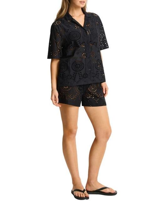 Sea Level Black Ibiza Cotton Eyelet Cover-Up Bowling Shirt