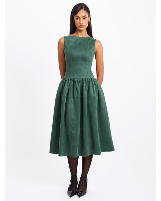 Miss Circle Green Laila Suede Boat Neck Backless Midi Dress