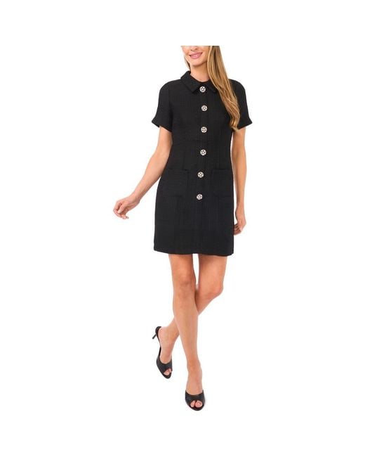 Cece Black Rhinestone Button Bouclé Minidress