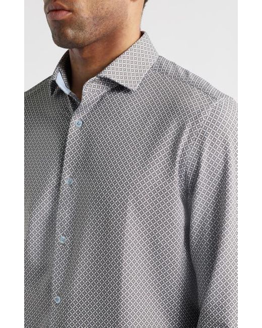 Stone Rose Gray Trim Fit Techno Stretch Diamond Geo Print Performance Button-Up Shirt for men