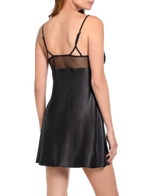 In Bloom Black Tasha Dotted Mesh & Lace Trim Satin Chemise