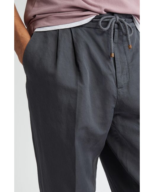 Brunello Cucinelli Gray Garment Dyed Linen & Cotton Gabardine Drawstring Pants for men