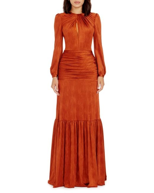 Dress the Population Orange Lucille Pleated Ruched Long Sleeve Gown