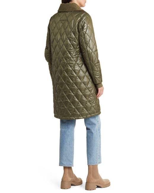Lucky Brand Green Diamond Quilted Coat With Faux Fur Lining