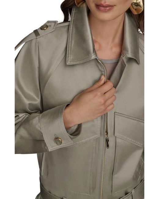 Donna Karan Gray Belted Satin Bomber Jacket