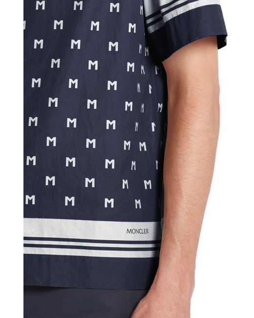 Moncler Blue Logo Short Sleeve Cotton Poplin Button-up Shirt for men