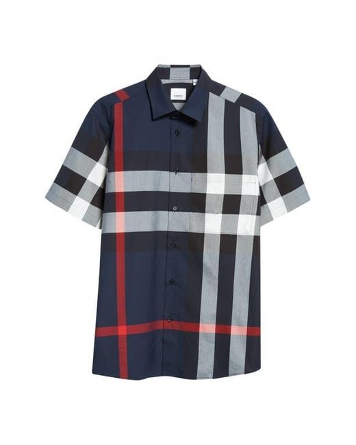 Burberry Blue Summerton Check Short Sleeve Cotton Poplin Button-Up Shirt for men