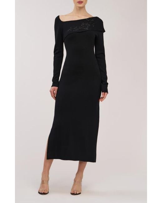 Kay Unger Imani Beaded Long Sleeve Midi Dress in Black | Lyst