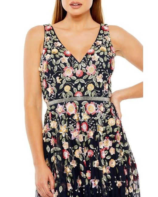 Mac Duggal Blue V-Neck Sleeveless Midi Floral Beaded A-Line Dress