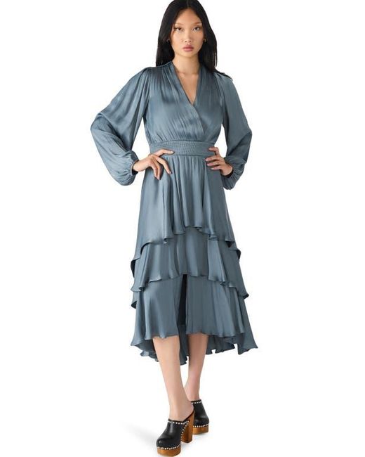 Steve Madden Blue Bei Long Sleeve Tiered Satin Midi Dress