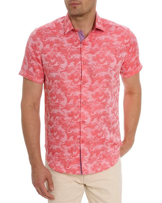 Robert Graham Pink Poseidon Short Sleeve Linen & Cotton Jacquard Button-up Shirt for men