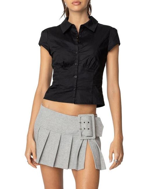 Edikted Black Massie Cap Sleeve Stretch Cotton Button-Up Shirt
