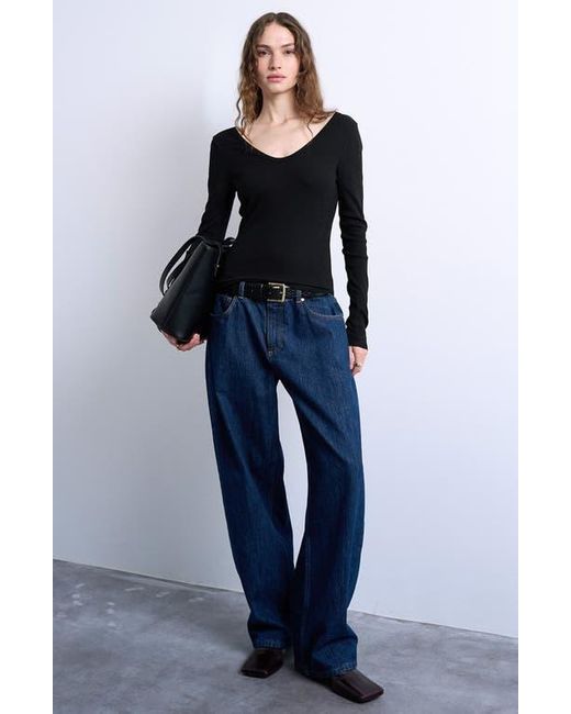 TOPSHOP Black Double V-Neck Long Sleeve Stretch Cotton Rib Top