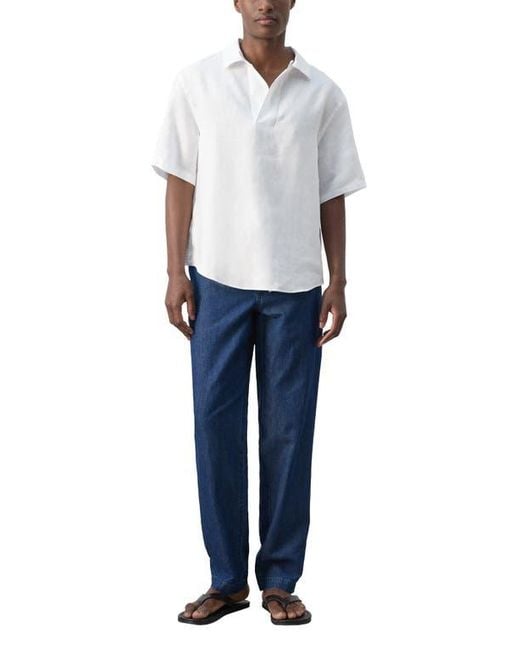 Mango White Solid Slub Linen Polo for men