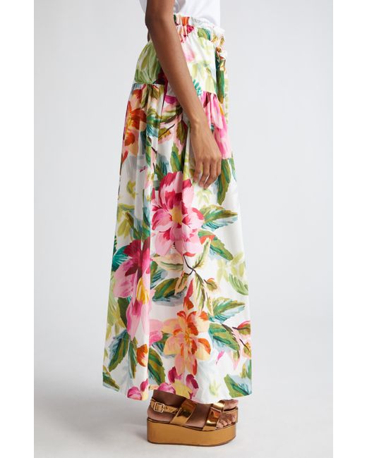 Farm Rio White Painted Flowers Belted Cotton Maxi Skirt