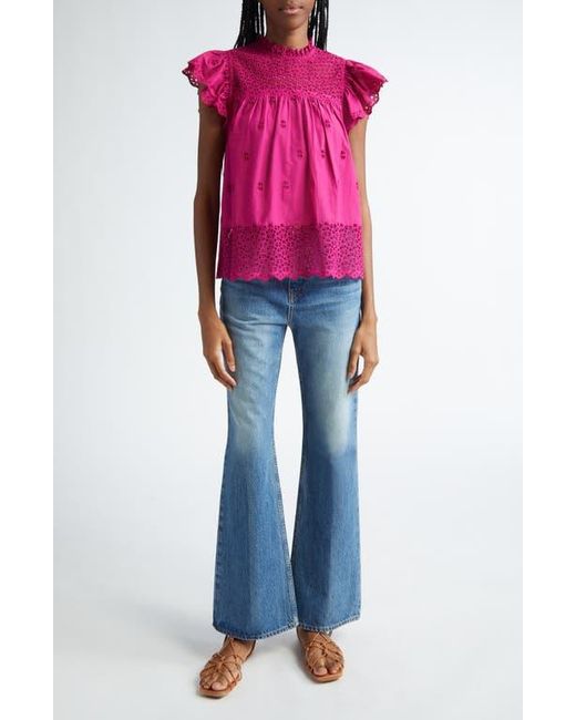 Ulla Johnson Pink Kassi Eyelet Flutter Sleeve Cotton Top