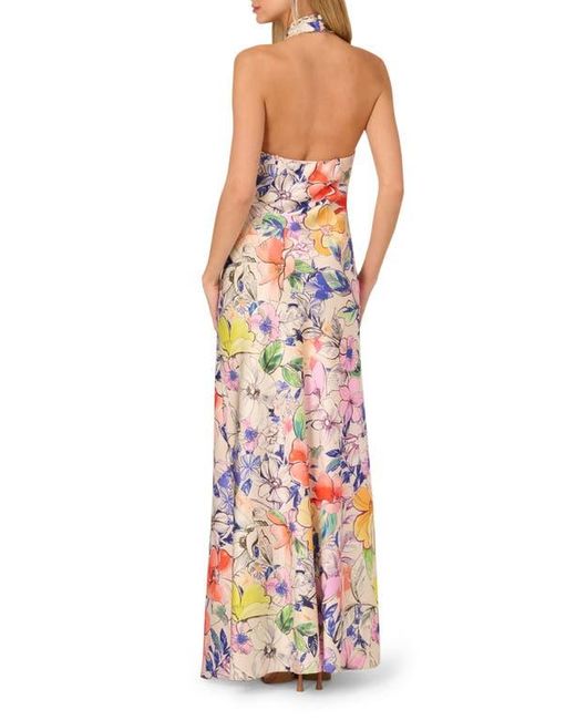 Adrianna Papell Multicolor Print Satin Halter Gown