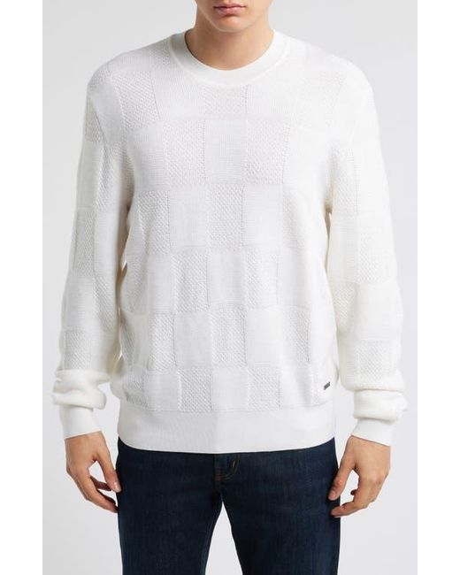 Bugatchi White Jacquard Check Merino Wool Sweater for men