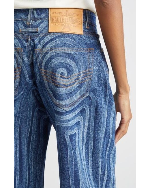 Jean Paul Gaultier Spiral Print Straight Leg Jeans in Blue
