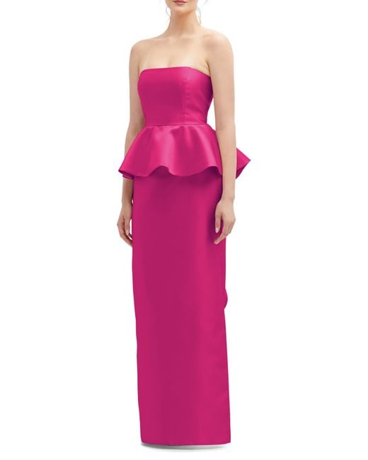 Alfred Sung Pink Strapless Ruffle Peplum Satin Column Gown