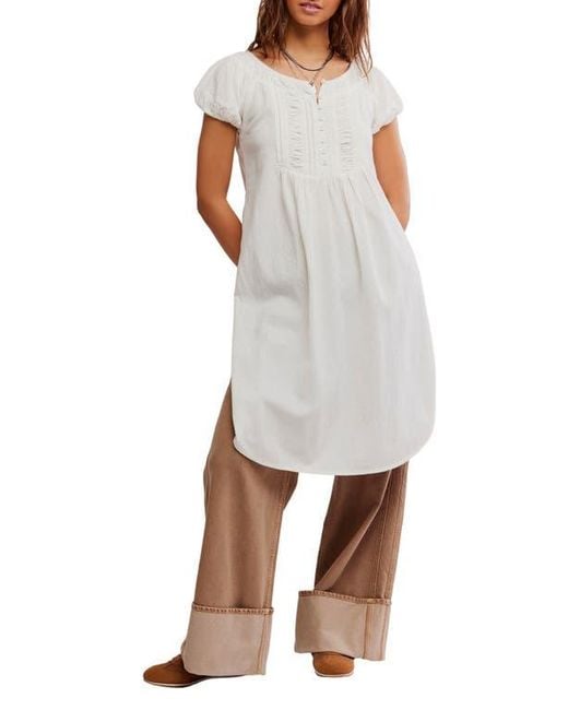 Free People White Fayre Puff Sleeve Cotton & Linen Tunic Top