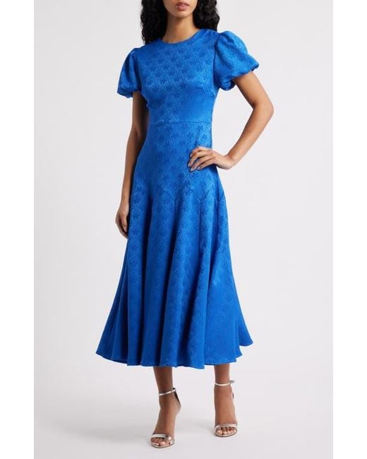 Sister Jane Oriel Geo Floral Satin Jacquard Dress in Blue | Lyst