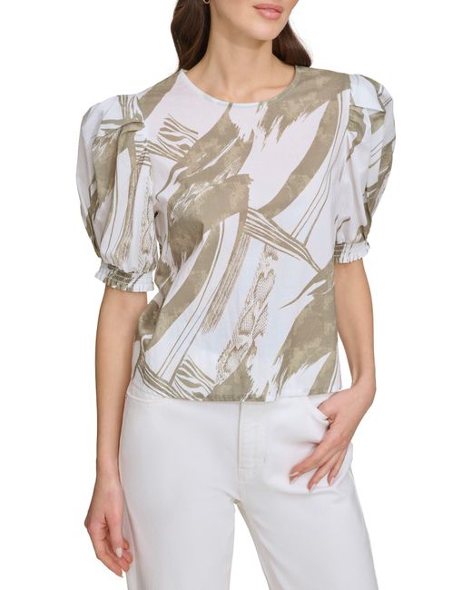 DKNY Gray Abstract Print Puff Sleeve Voile Top