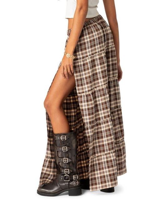 Edikted Brown Plaid Tiered Side Slit Maxi Skirt