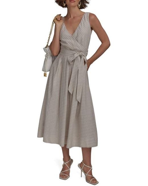 Donna Karan Brown Gingham Linen Blend Faux-Wrap Midi Dress