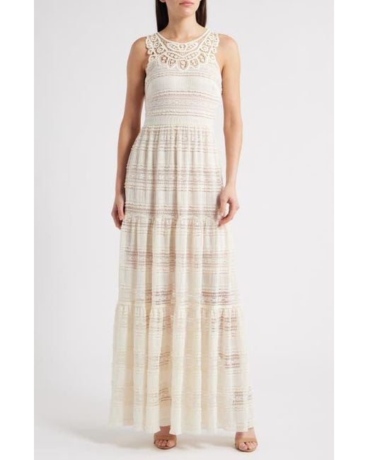 Eliza J Natural Mixed Media Embroidered Lace Maxi Dress