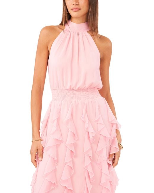 1.STATE Pink Cascade Ruffle Chiffon Maxi Dress