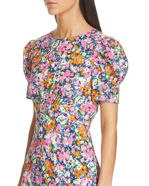 Saloni Red Bianca Puff Sleeve Silk Midi Dress