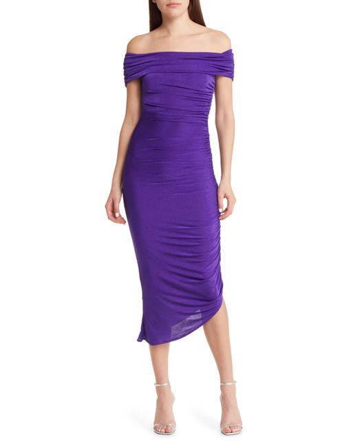 Misha Collection Purple Keoni Ruched Off The Shoulder Dress
