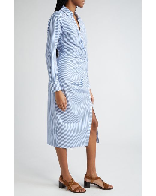 Veronica Beard Blue Wright Stripe Long Sleeve Cotton Midi Shirtdress