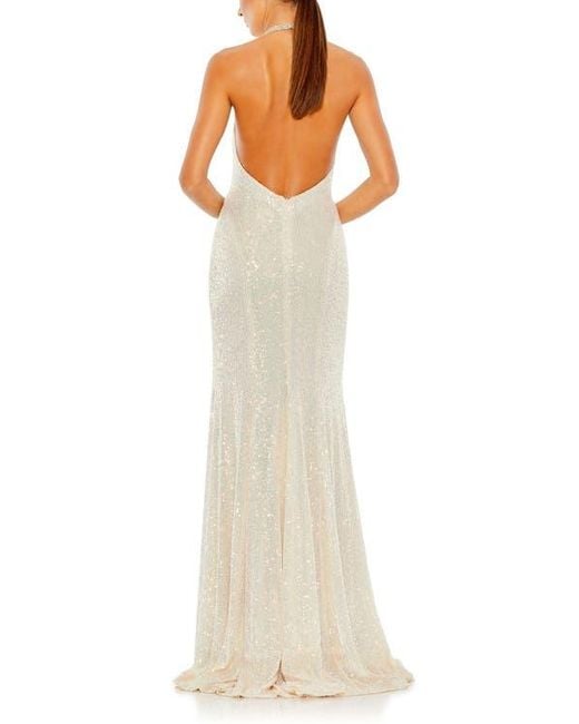 Mac Duggal Natural Sequined High Neck Rhinestone Trim Column Gown