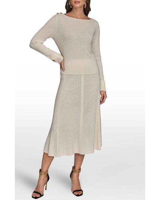Donna Karan Natural Button Shoulder Boat Neck Rib Sweater