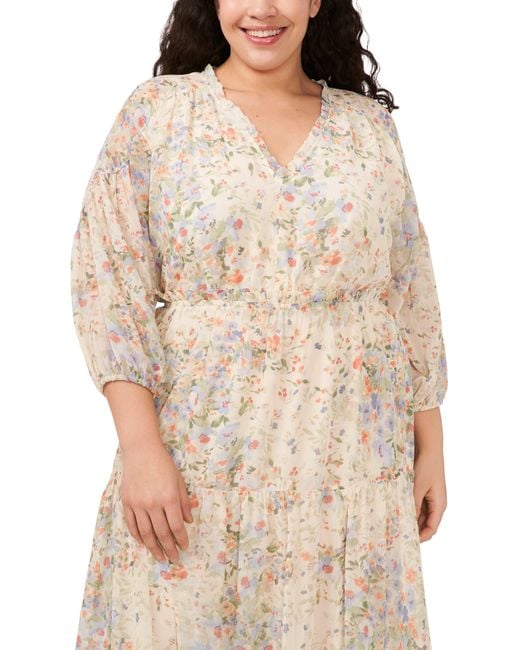 Cece Natural Floral Tiered Long Sleeve Maxi Dress