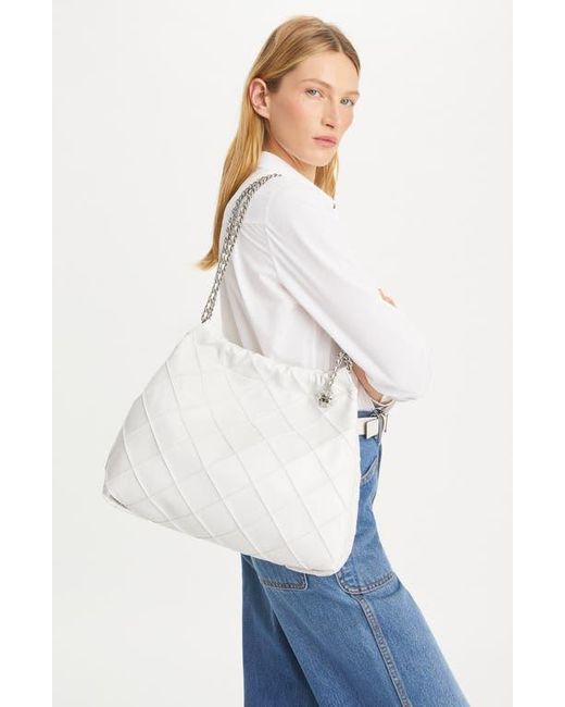 Tory Burch White Fleming Distressed Quilted Leather Hobo Bag