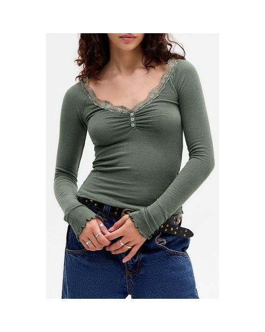 BDG Green Diana Lace Trim Crop Rib Knit Henley
