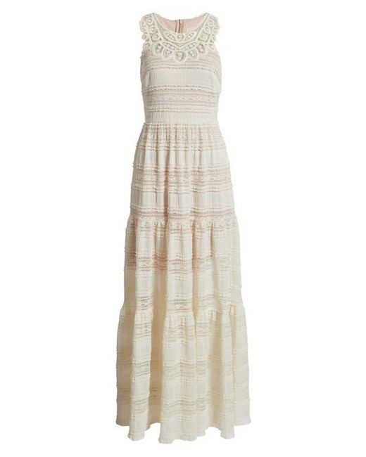 Eliza J Natural Mixed Media Embroidered Lace Maxi Dress
