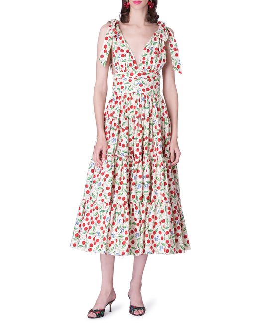 Carolina Herrera White Cherry Print Tiered Stretch Cotton Dress